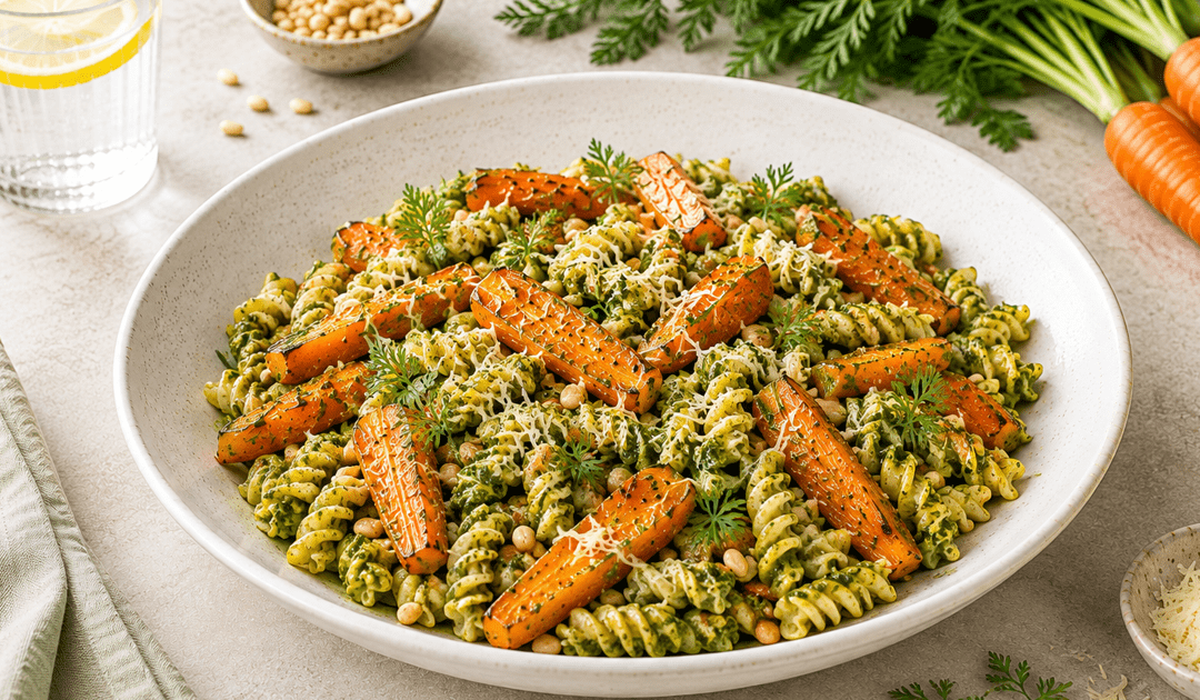 Carrot Top Pesto Pasta with Roasted Carrots