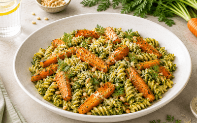 Carrot Top Pesto Pasta with Roasted Carrots